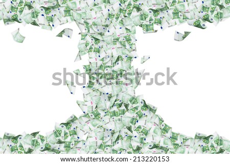 Wealth concept, one hundred euro banknotes flying and falling down in tornado, isolated on white background.