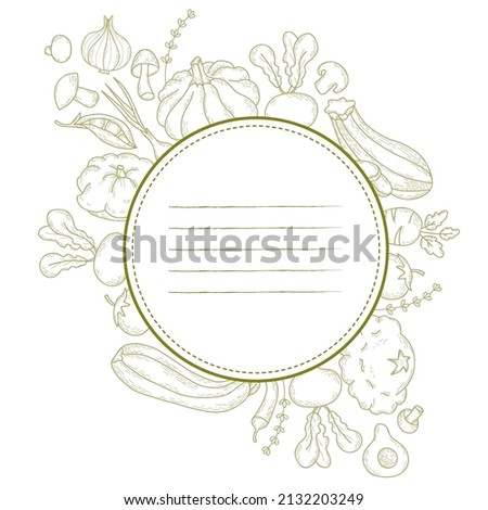 Label sticker with round frame made of linear hand drawn vegetables and root crops. Mushrooms, pumpkin, peas and zucchini, beets and pattison. Vector illustration in vintage style for design and decor