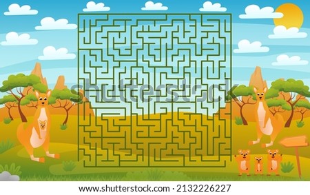 Printable educational worksheet for kids with labyrinth puzzle, australian animals wildlife with cute kangaroo and quokka, find way game for children books in cartoon style