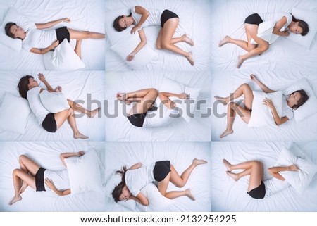 Top view of woman in different sleep positions. Tossing and turning at night. Insomnia, sleeping problems or sleep disorders Royalty-Free Stock Photo #2132254225