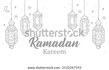Ramadan Kareem greeting card with one line islamic ornament and calligraphy means "Holly Ramadan" . Vintage hand drawn vector illustration Isolated on white background.. Royalty-Free Stock Photo #2132267593