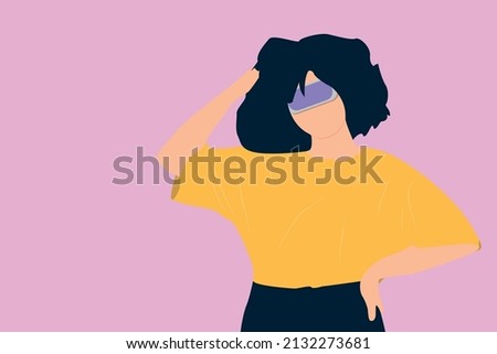 Illustration vector graphic flat design of a confused young beautiful woman with VR isolated over a pink wall background. silhouette of a woman  using VR