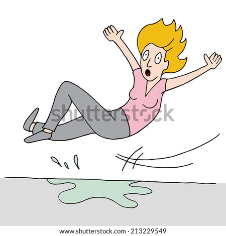 An image of a woman who slips on a wet floor.