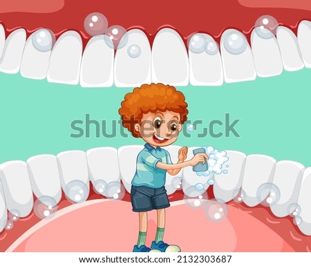 A little boy cleaning teeth inside human mouth illustration