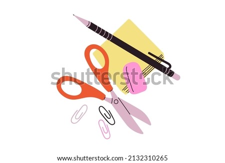 drawing of eraser scissors and paper using a flat design