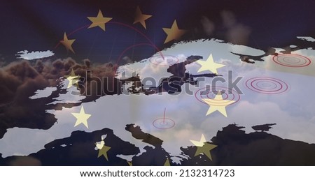 Image of flag of european union and map over clouds in sky. european union, europe, community and politics concept digitally generated image.