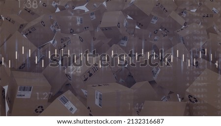 Image of statistics processing over cardboard boxes in background. global shipping, business and data processing concept digitally generated image.
