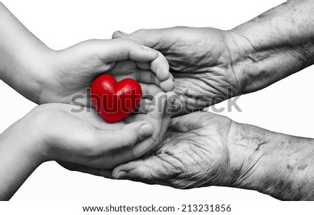 Little girl and elderly woman keeping red heart in their palms together, isolated on white background, symbol of care and love Royalty-Free Stock Photo #213231856