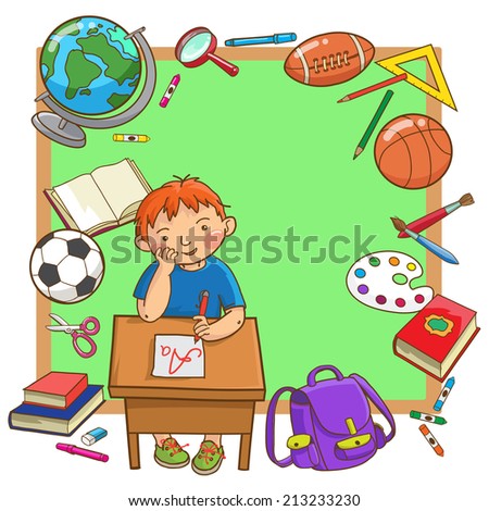 Cute Boy at school desk with School object. Back to School isolated objects on white background. Great illustration for a school books and more. VECTOR.