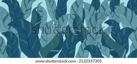 Abstract tropical and foliage background. Nature wallpaper of line art calathea leaf, green leaves in hand drawn pattern. Blue tone summer jungle and exotic plants for banner, prints, decoration. Royalty-Free Stock Photo #2132337305