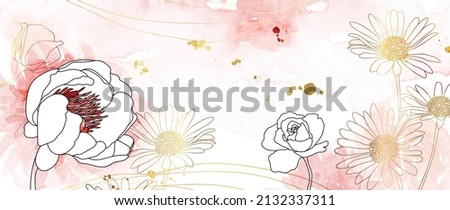 Elegant floral and blossom watercolor background. Flower in line art pattern wallpaper of rose flowers, blooms gold wave line and glitter. Luxury and richness design for banner, prints, wall art.