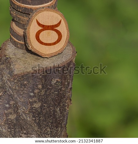 Close-up shot of a piece of wood with a zodiac sign engraved on it, especially the taurus sign