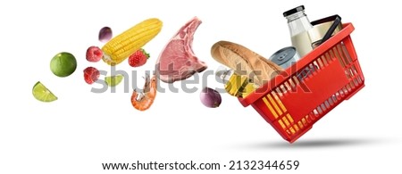 
food grocery basket,food choice buy in supermarket,food ingredient float  Royalty-Free Stock Photo #2132344659