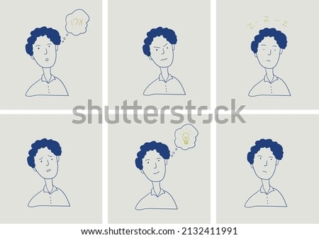 hand drawn young man from the office, set of icons expressing emotions (editable) 