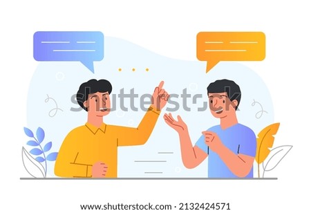 Concept of conversation. Guys have fun talking to each other, friends discuss latest news, students talk about rumors and gossip. Dialogue, team and communication. Cartoon flat vector illustration Royalty-Free Stock Photo #2132424571
