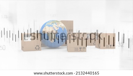 Image of statistics processing over globe and cardboard boxes on white background. global shipping, business and data processing concept digitally generated image.