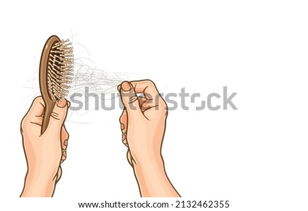 Vector illustration of females hands clean the comb from fallen hair,many hair fall after combing in hairbrush,hair loss problem,copy space,isolated on white background,Healthy hair beauty concept. Royalty-Free Stock Photo #2132462355