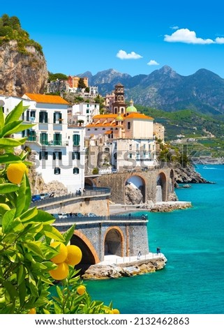 Beautiful view of Amalfi on the Mediterranean coast with lemons in the foreground, Italy Royalty-Free Stock Photo #2132462863