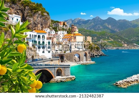 Beautiful view of Amalfi on the Mediterranean coast with lemons in the foreground, Italy Royalty-Free Stock Photo #2132482387