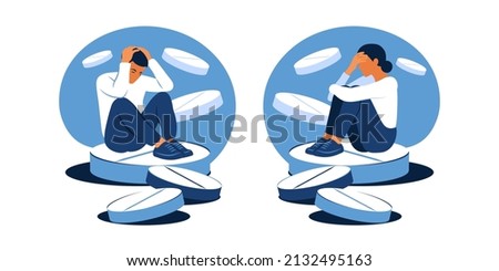 Concept of medication treating illness or disorder. Concept of antidepressants. Depressed man and woman is sitting on big pill. Medicine. Flat. Vector illustration. Royalty-Free Stock Photo #2132495163