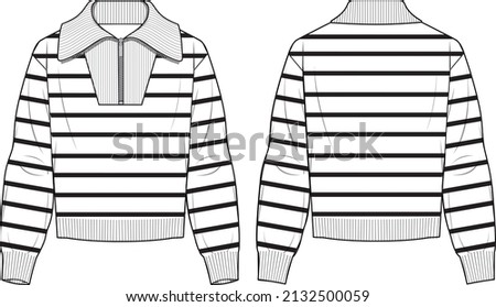 Women's Half Zip Striped Jumper. Jumper technical fashion illustration. Flat apparel jumper template front and back, white color. Women's CAD mock-up. Royalty-Free Stock Photo #2132500059