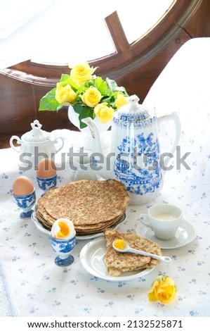 breakfast with pancakes and apple jam for pancake week, spring still life 