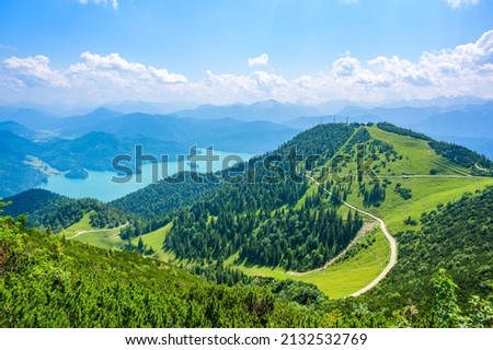 View from Mountain Herzogstand to Lake Walchensee -  close to Kochel am See - beautiful travel destination in Bavaria, Germany Royalty-Free Stock Photo #2132532769