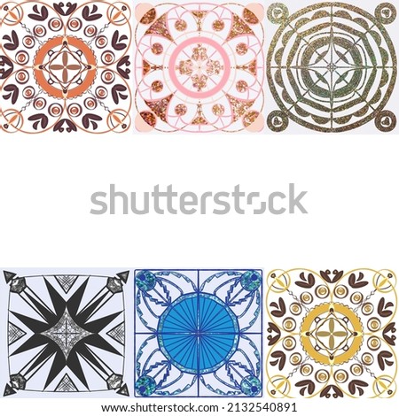 A collection of hand painted geometric design tiles in a circular pattern bordered on a white background with room for text.