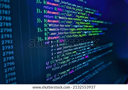 Developer software programming code. Close up of computer web page code inside of html file. Javascript code in bracket software