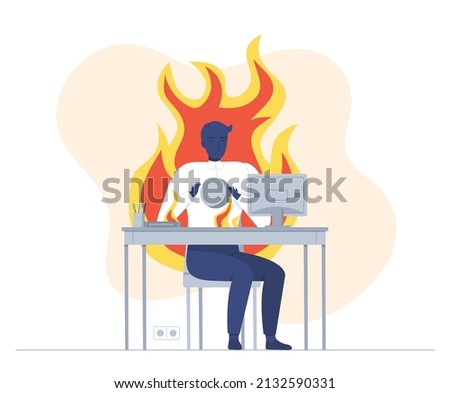 Proffesional burnout. Male in fire with hole in the chest sitting on the desk with computer. Stress overwhelmed office worker.