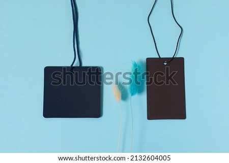 Template. Two empty tags for clothes and shoes dried lagurus flowers on a blue background