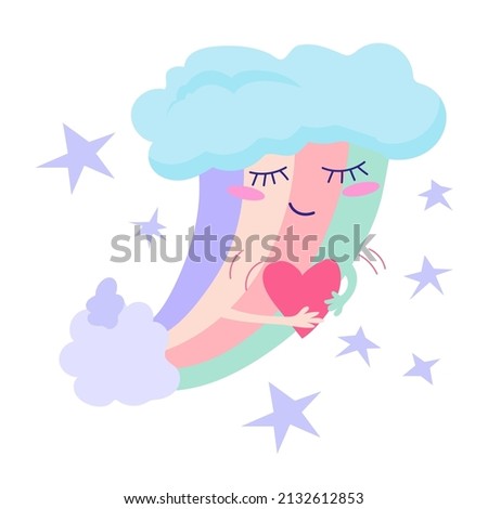 Illustration of Cute rainbow with red heart in the hands, blue stars on  white bg