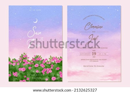 Watercolor purple pastel sky wedding invitation set template