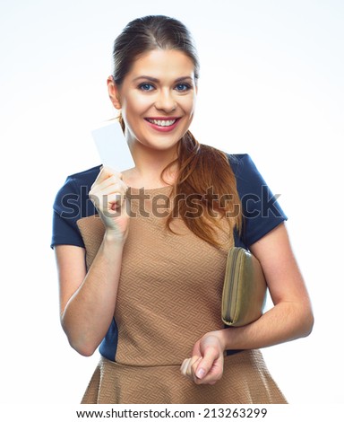 Smiling business woman with credit card. Isolated portrait
