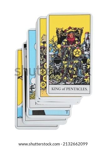 The King of Pentacles and other tarot cards on white background, top view