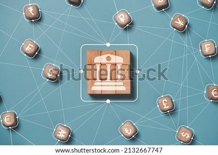 Central banking icon connect linkage with currency sign include US dollar Euro Yen Yuan and pound sterling for global money exchange and transfer or forex concept. Royalty-Free Stock Photo #2132667747