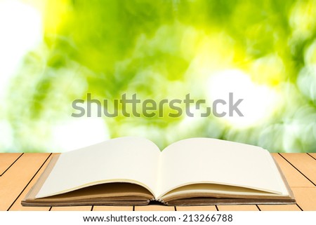 Open book on wood planks over abstract blur background
