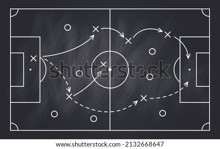 Soccer strategy, football game tactic drawing on chalkboard. Hand drawn soccer game scheme, learning diagram with arrows and players on blackboard, sport plan vector illustration. Royalty-Free Stock Photo #2132668647