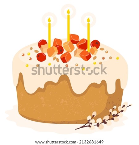 Easter cake with burning candles in the Christian tradition. Vector clipart.