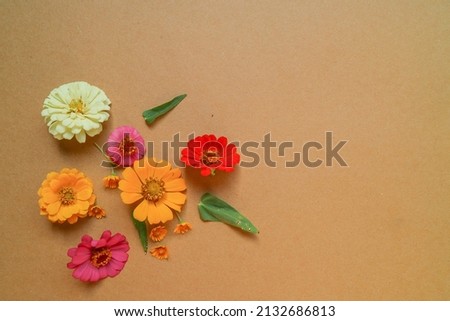 Beautiful flower flat lay arrangement on brown background. Flat lay bouquet, top view, overhead, empty space for copied text.