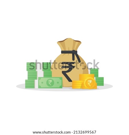Money bag, banknotes and gold coins with rupee sign. Indian Cash money icon. Flat style Vector illustration isolated on white background.