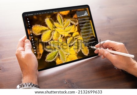 Person using stylus pen and editing photo on tablet