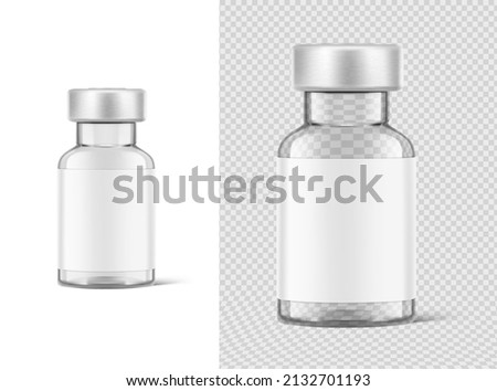 Transparent glass bottles for injections mockup. Layered file. Vector illustration. Great for different backgrounds. Can be use for medicine, cosmetic and other. Perfect for final pack shot. EPS10.	 Royalty-Free Stock Photo #2132701193