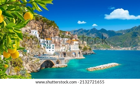 Beautiful view of Amalfi on the Mediterranean coast with lemons in the foreground, Italy Royalty-Free Stock Photo #2132721655