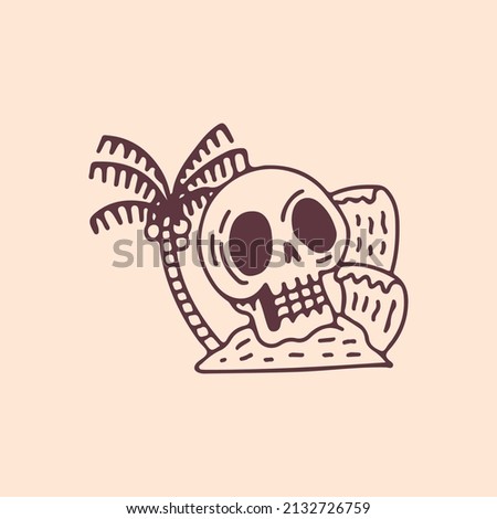 Skull head, beach, and palm tree, illustration for t-shirt, poster, sticker, or apparel merchandise. With retro cartoon style