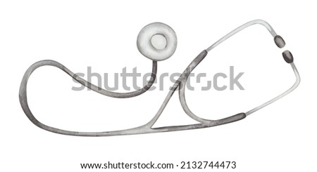 Watercolor illustration of hand painted grey metal stethoscope. Medical equipment for heart, lungs listening. Instrument for doctors. Health care clip art element isolated on white for banner, poster