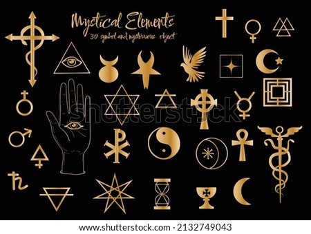 Alchemy set.Esoteric mystical magical heavenly signs.Spiritual animals - bull occult skull and snake.Vector EPS10.