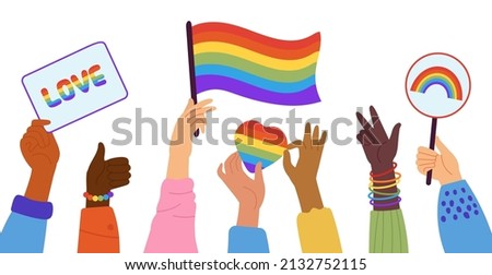 Lgbtq banner. Gay community, hands hold flag and rainbow heart. Lgbt crowd protest, love and romantic parade. Pride together, support decent vector concept Royalty-Free Stock Photo #2132752115