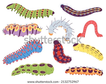 Spring caterpillars. Cartoon insect caterpillar, cute garden and forest wildlife animal. Doodle summer centipede, funny baby lavra decent vector set
