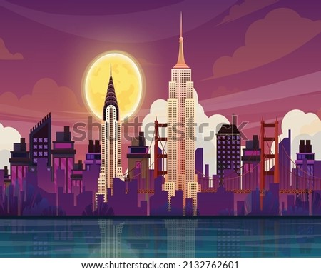 beautiful scene with Chrysler building empire state building world famous American tourist attraction symbol international architecture landmarks design postcard travel poster illustration.  Royalty-Free Stock Photo #2132762601